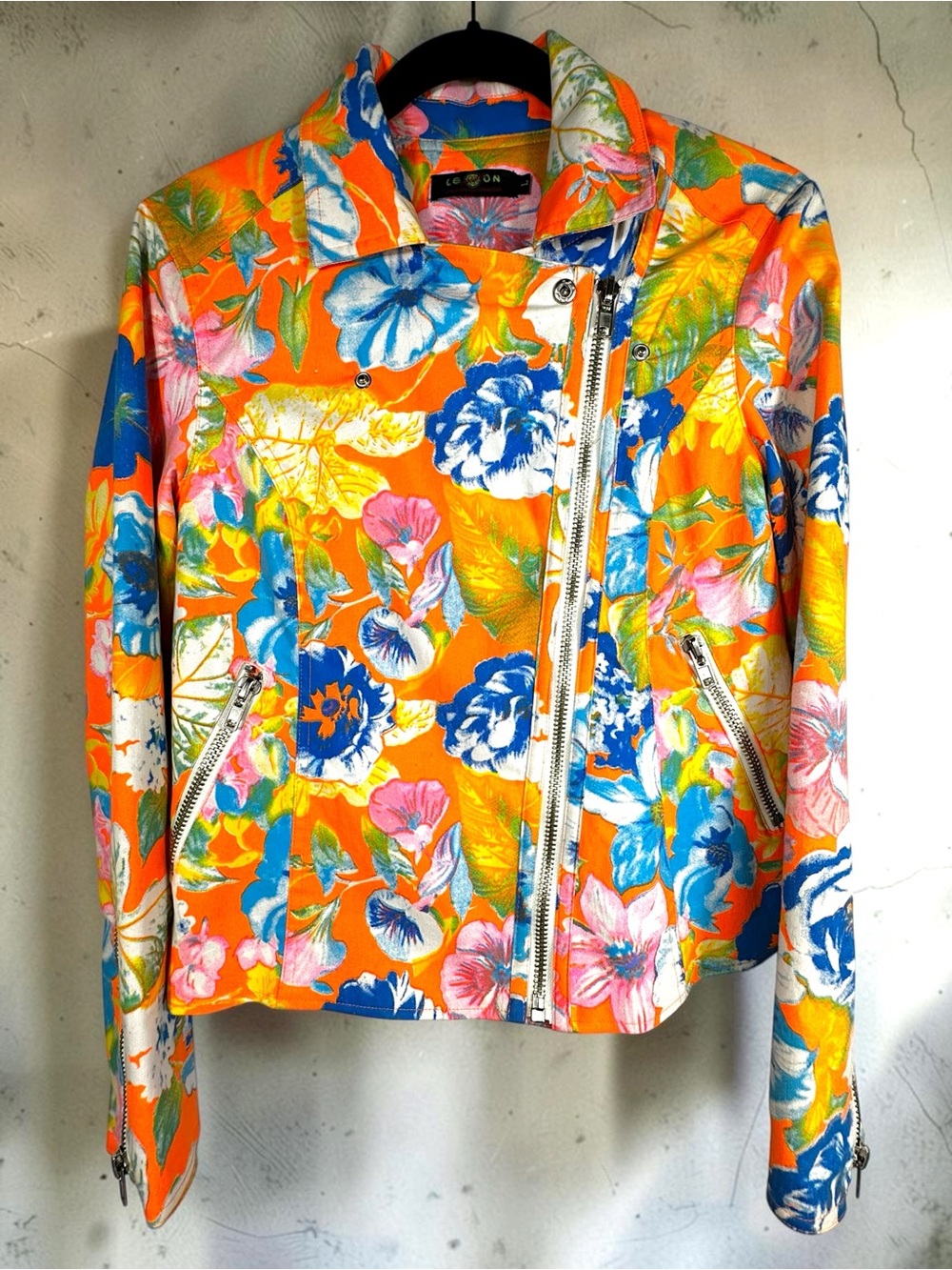 Smashed Lemon Large EUC Floral Moto Jacket Orange Blue Yellow Multi Colour Large - Picture 5 of 15